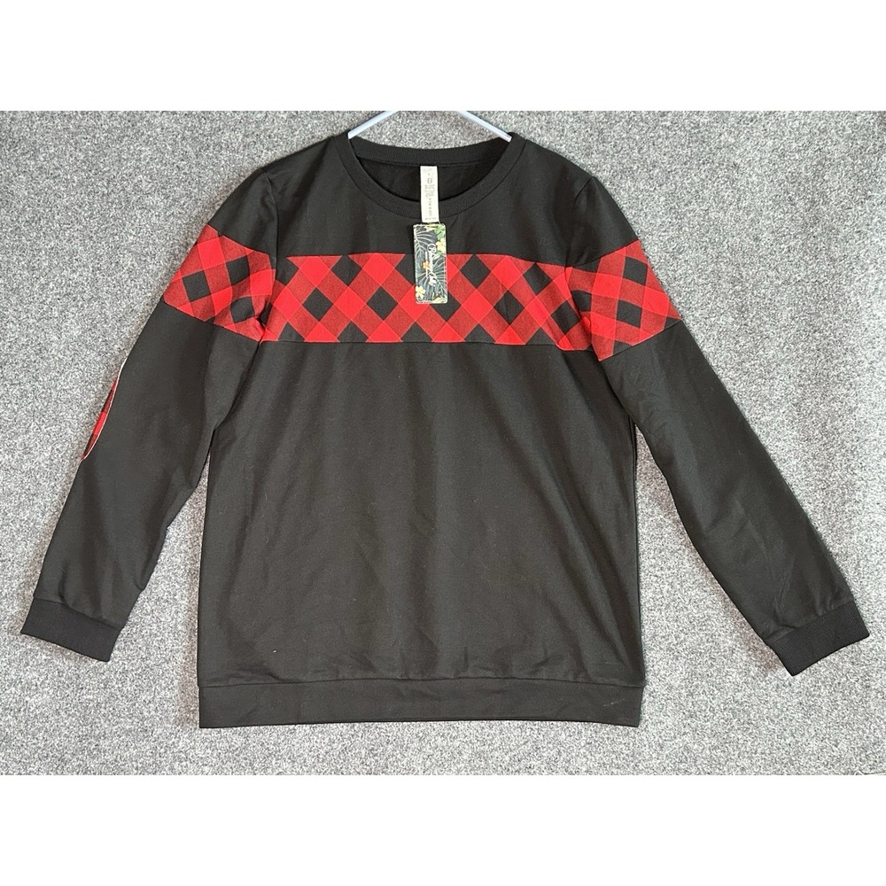 *NWT Blooming Jelly Women's Crew Neck Sweatshirt Black/Red Buffalo Plaid - LARGE